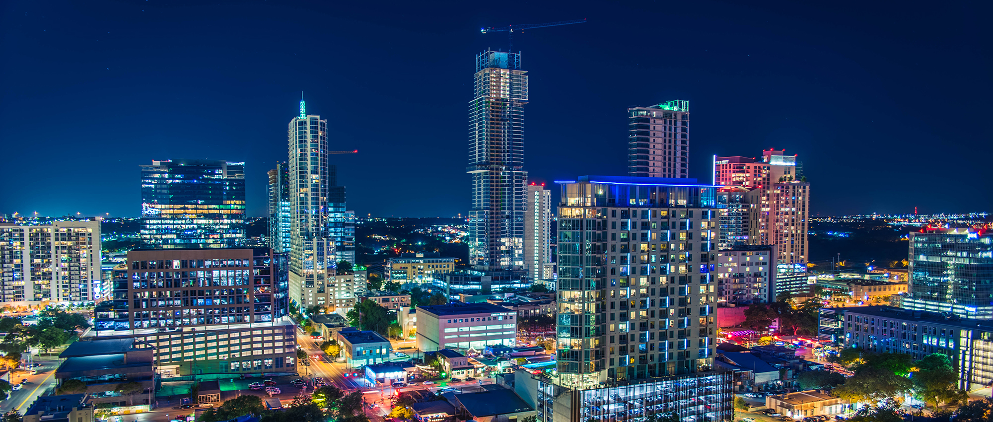 Austin's skyline at night. Shot from the balcony of a hotel downtown